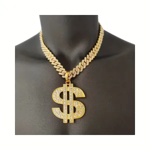 18K Alloy Plated Cuban Chain Necklace with Diamond Faux Diamond Pendant