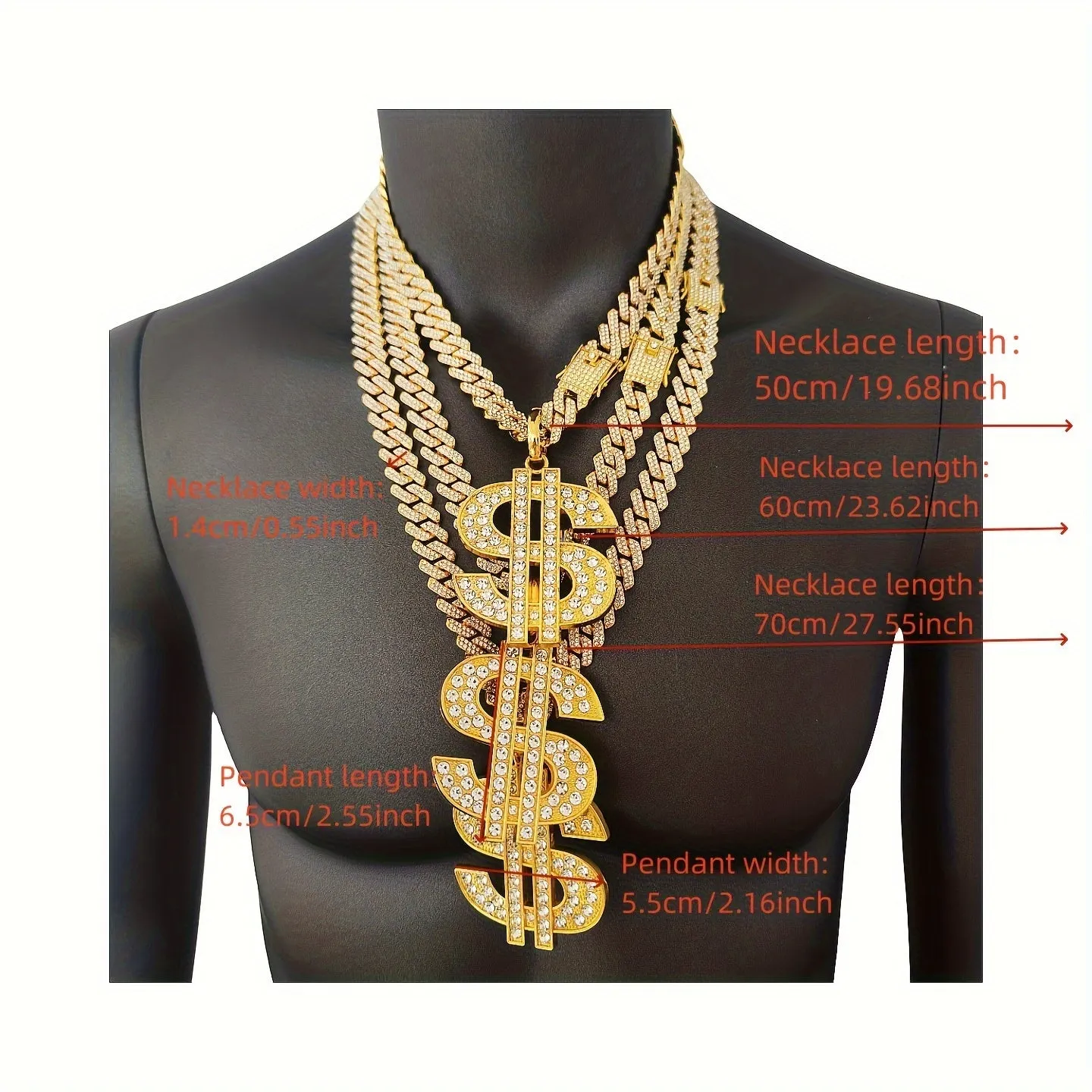 18K Alloy Plated Cuban Chain Necklace with Diamond Faux Diamond Pendant
