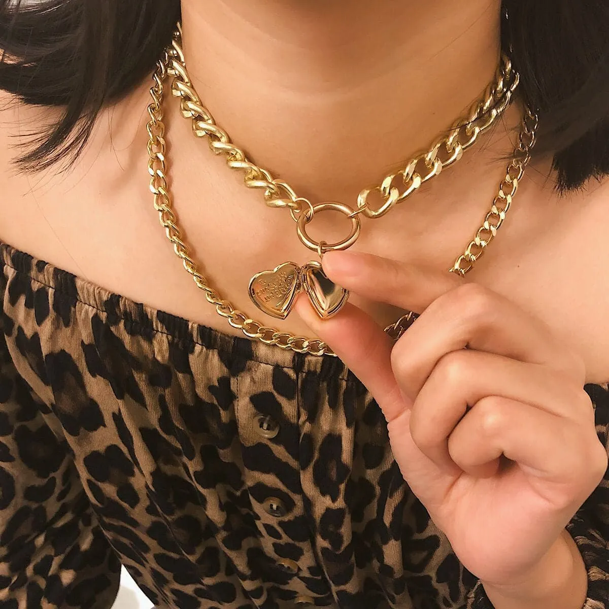 18K Gold-Plated Curb Chain Heart Locket Layered Pendant Necklace