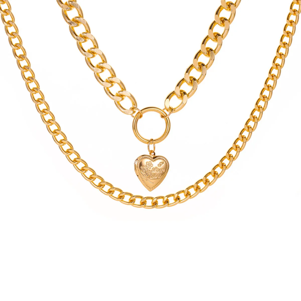 18K Gold-Plated Curb Chain Heart Locket Layered Pendant Necklace