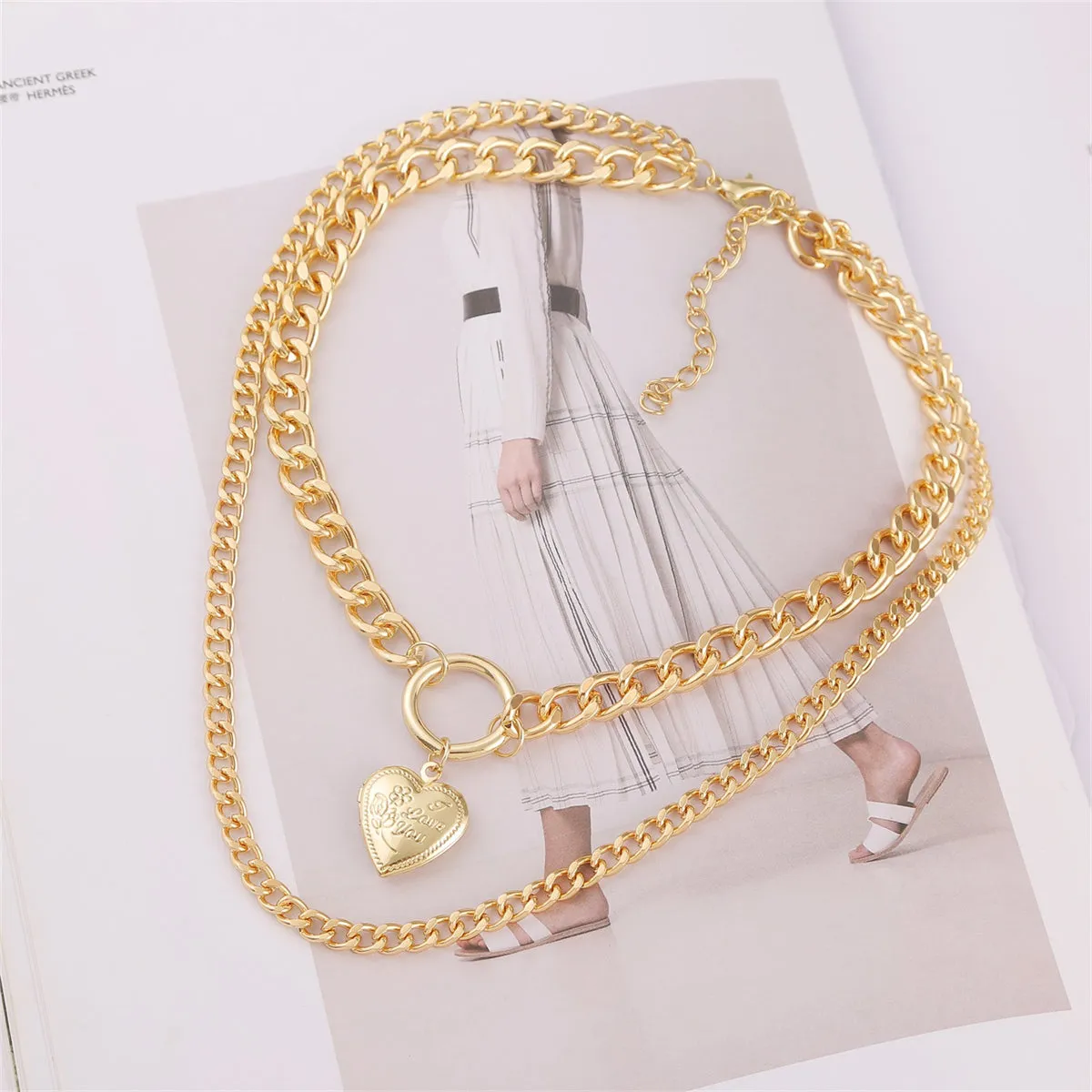 18K Gold-Plated Curb Chain Heart Locket Layered Pendant Necklace