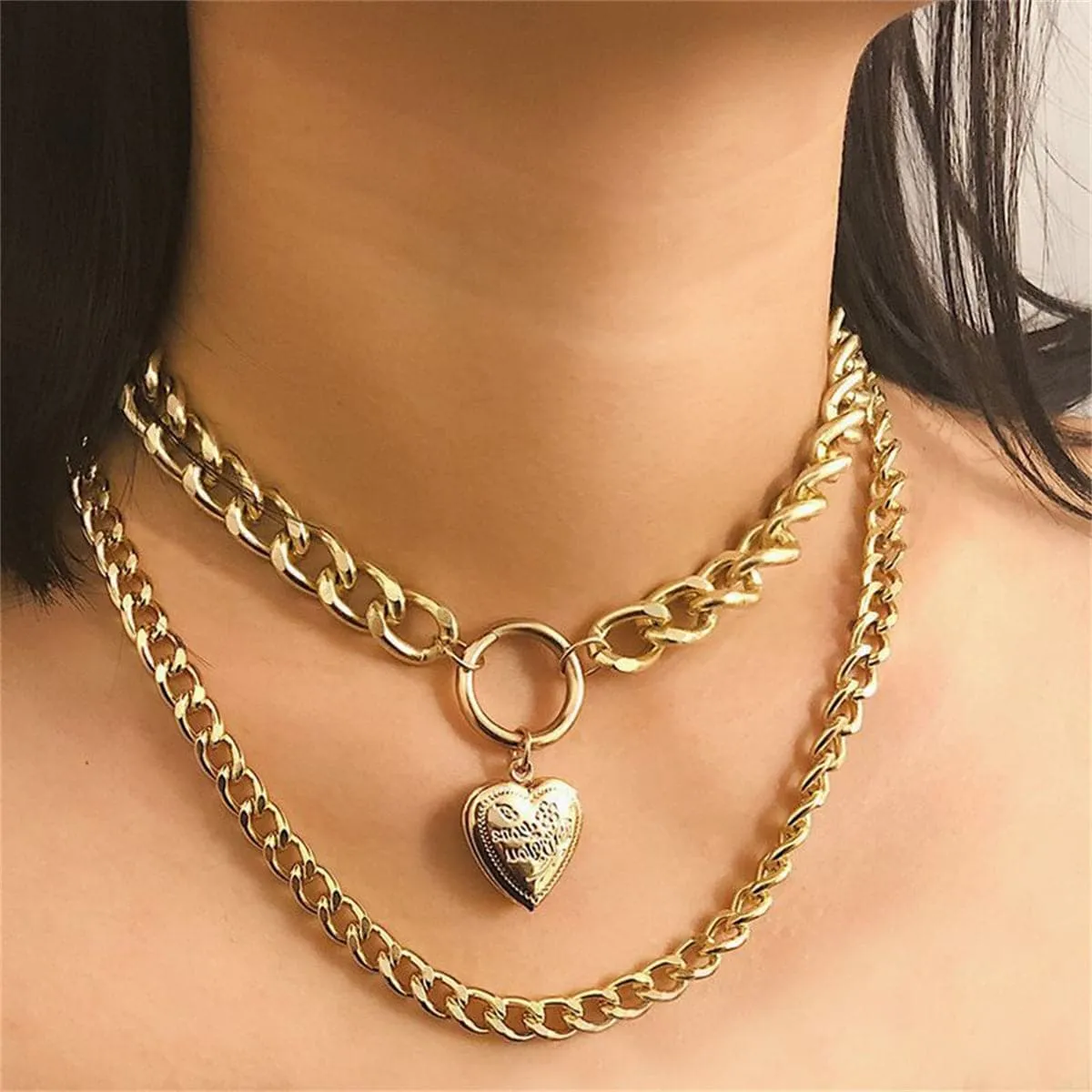 18K Gold-Plated Curb Chain Heart Locket Layered Pendant Necklace