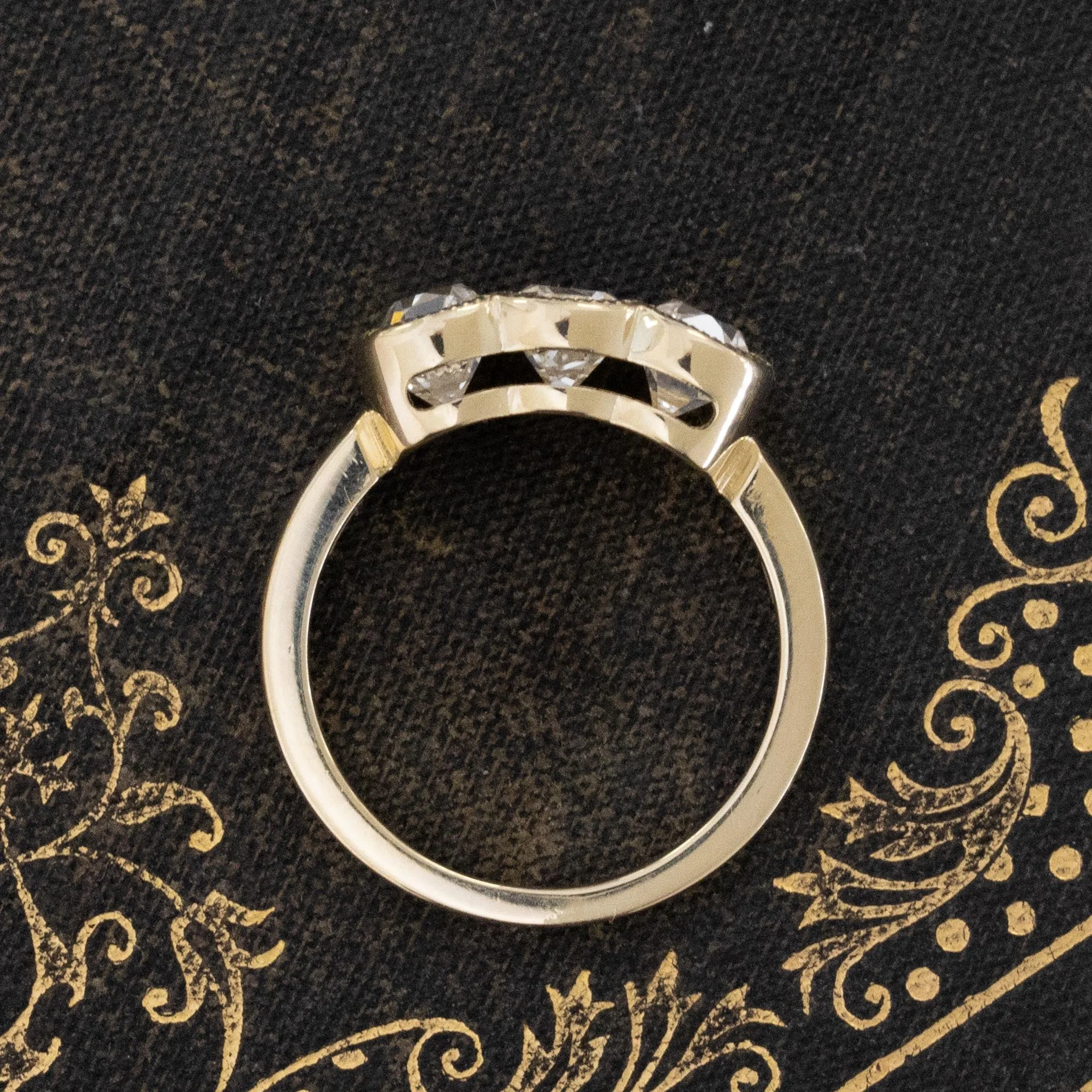 2.55ctw Elongated Old Mine Cut Diamond Trilogy Bezel Ring
