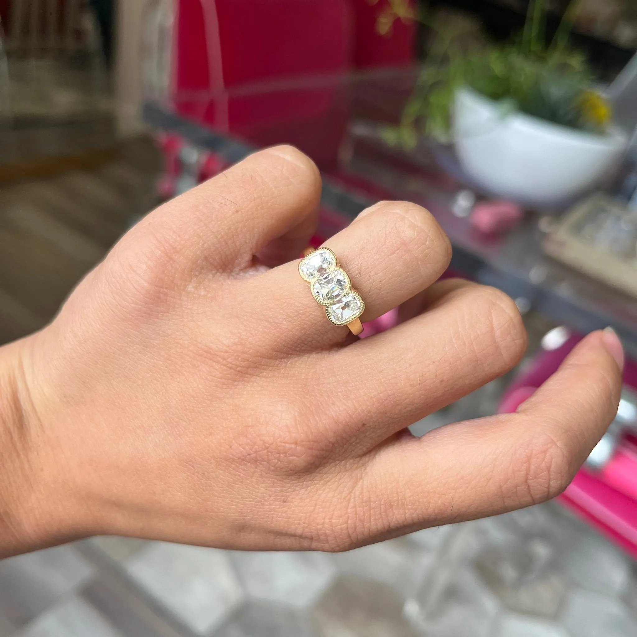 2.55ctw Elongated Old Mine Cut Diamond Trilogy Bezel Ring