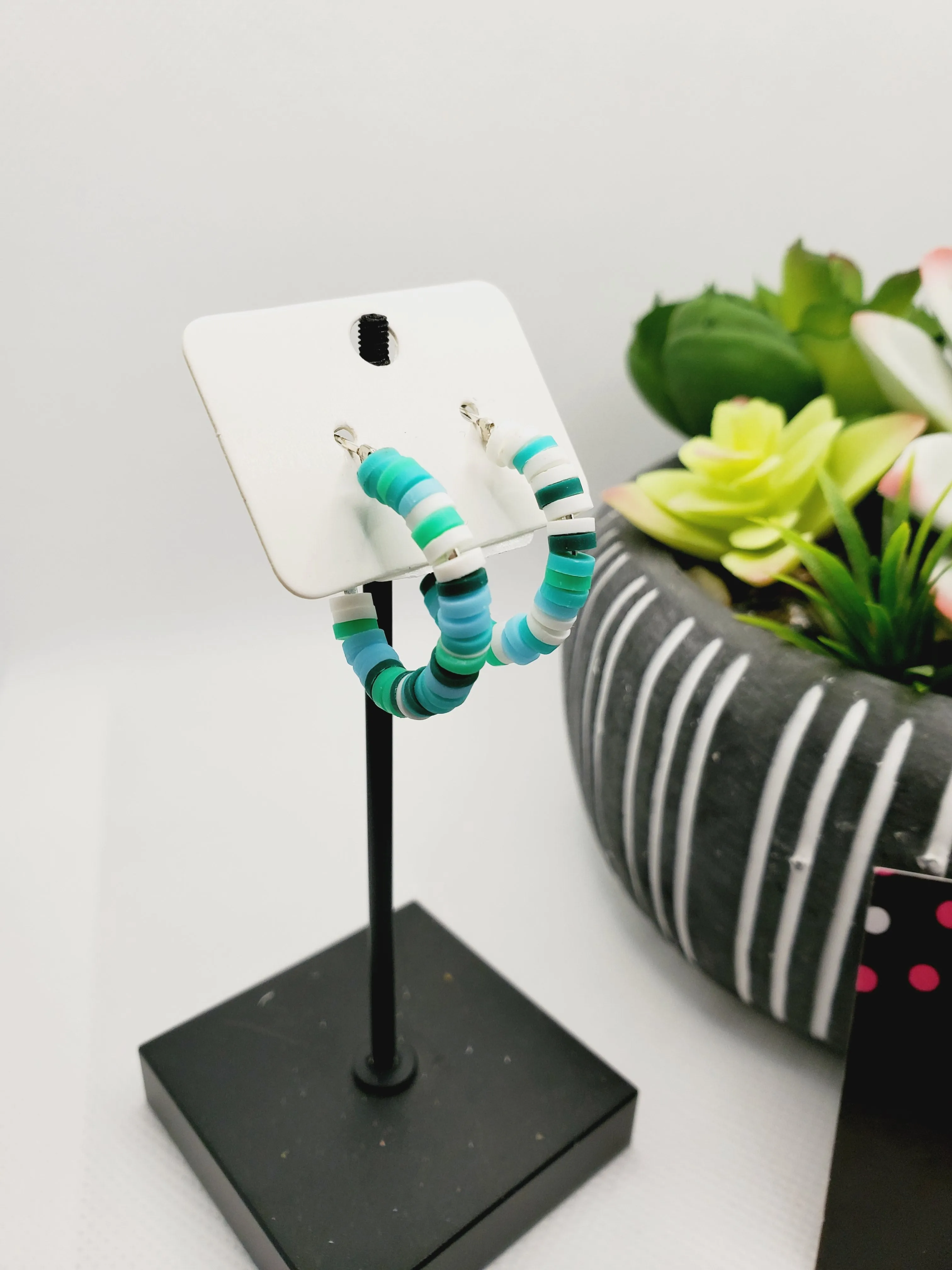 262 White, Teal, Light Blue and Dark Green Polymer Clay Beads Small Hoop Earrings