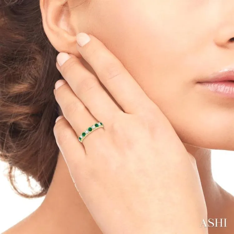 2.9 MM Emerald and 1/2 ctw Round Cut Diamond Precious Wedding Band in 14K Yellow Gold