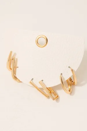 3 Pair Mixed Shape Huggie Hoop Gold Earring Set
