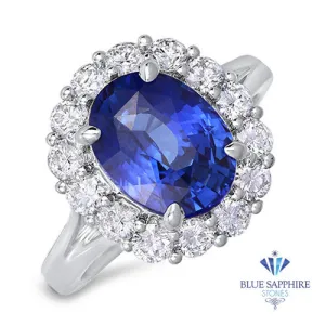 4.45ct. Oval Blue Sapphire GIA Certified Ring with Diamond Halo in 18K White Gold