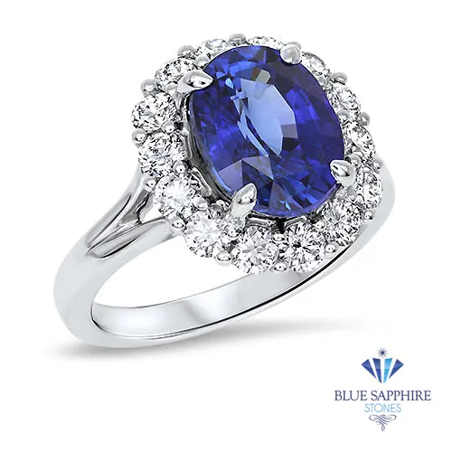 4.45ct. Oval Blue Sapphire GIA Certified Ring with Diamond Halo in 18K White Gold