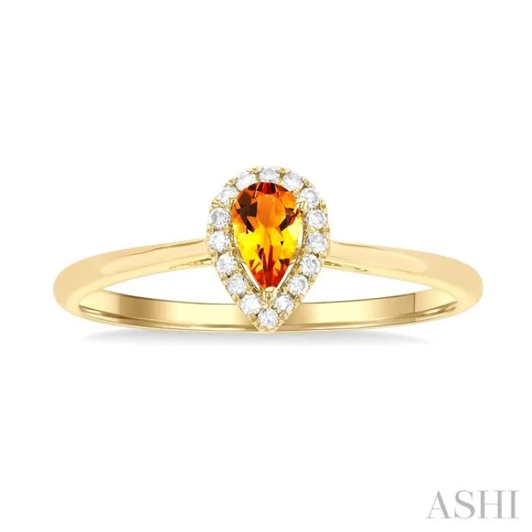 5x3 MM Pear Shape Citrine and 1/20 ctw Single Cut Diamond Halo Semi Precious Ring in 14K Yellow Gold
