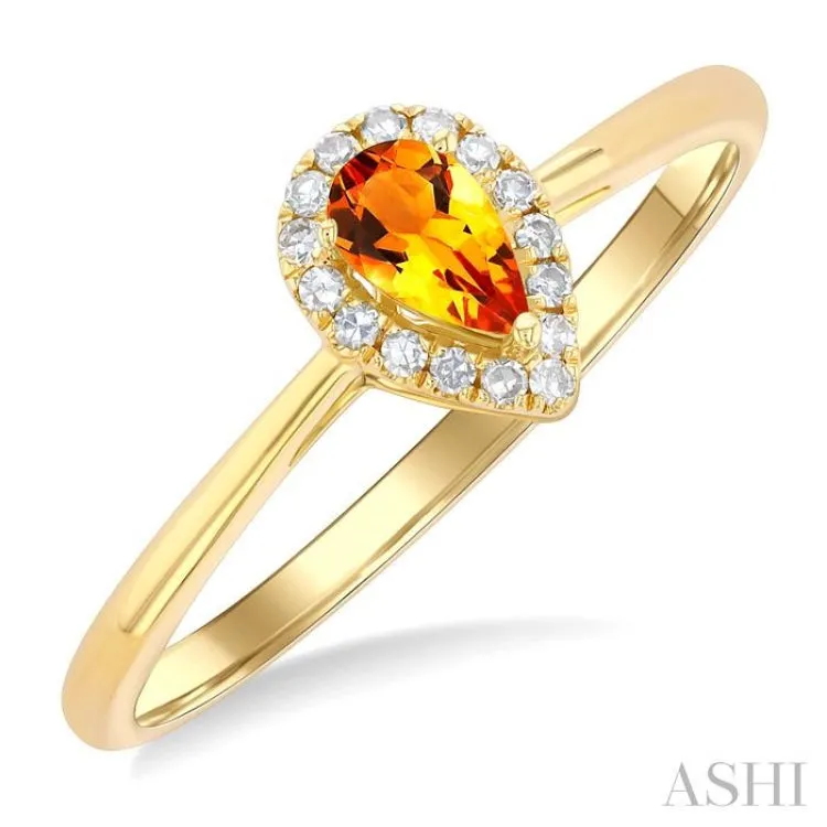 5x3 MM Pear Shape Citrine and 1/20 ctw Single Cut Diamond Halo Semi Precious Ring in 14K Yellow Gold