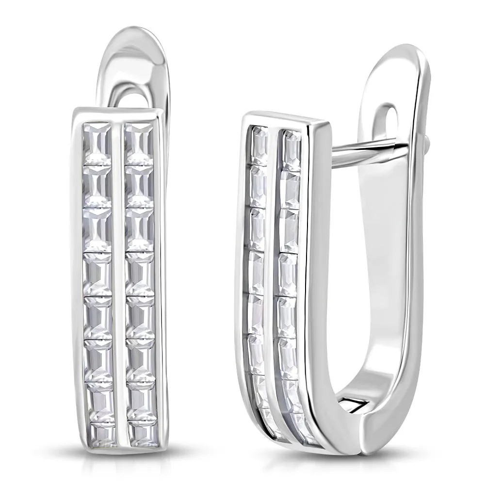 925 Sterling Silver Baguette CZ Hoop Huggie Earrings