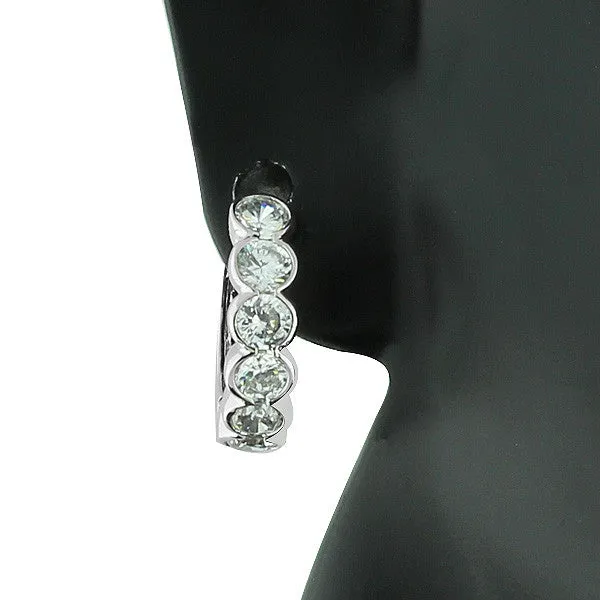 925 Sterling Silver White CZ Hoop Huggie Earrings