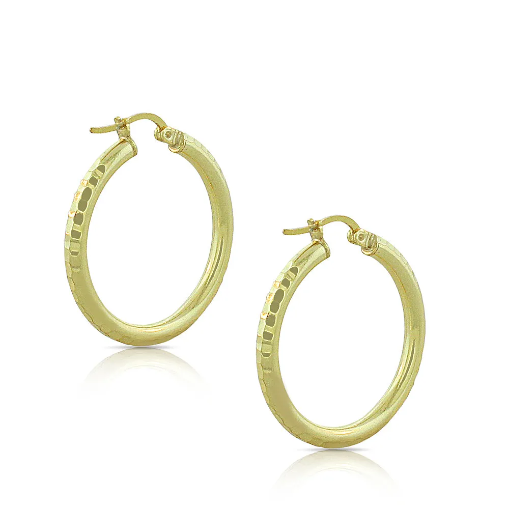 925 Sterling Silver Yellow Gold-Tone Faceted Round Hoop Earrings, 0.90"