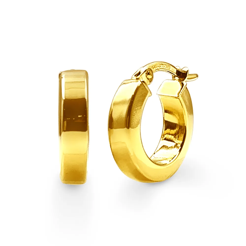 9ct Yellow Gold Silver Infused Small Flat Tube Edged Hoop Earrings