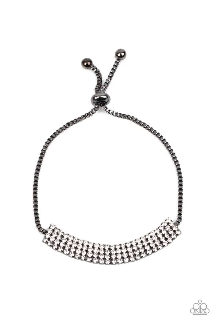 A DIAMOND a Dozen - Black - White Rhinestone Gunmetal Bolo Paparazzi Bracelet