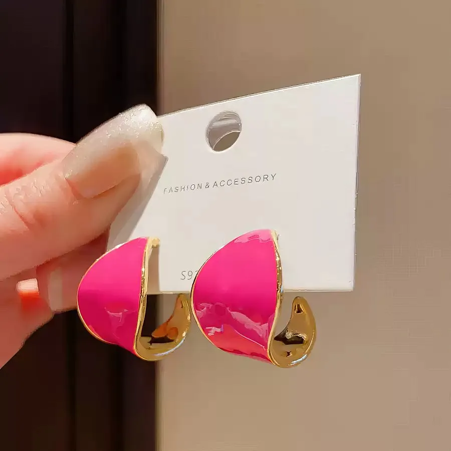 Adorable Small Hot Pink Enamel Hollowed Hoop Earrings