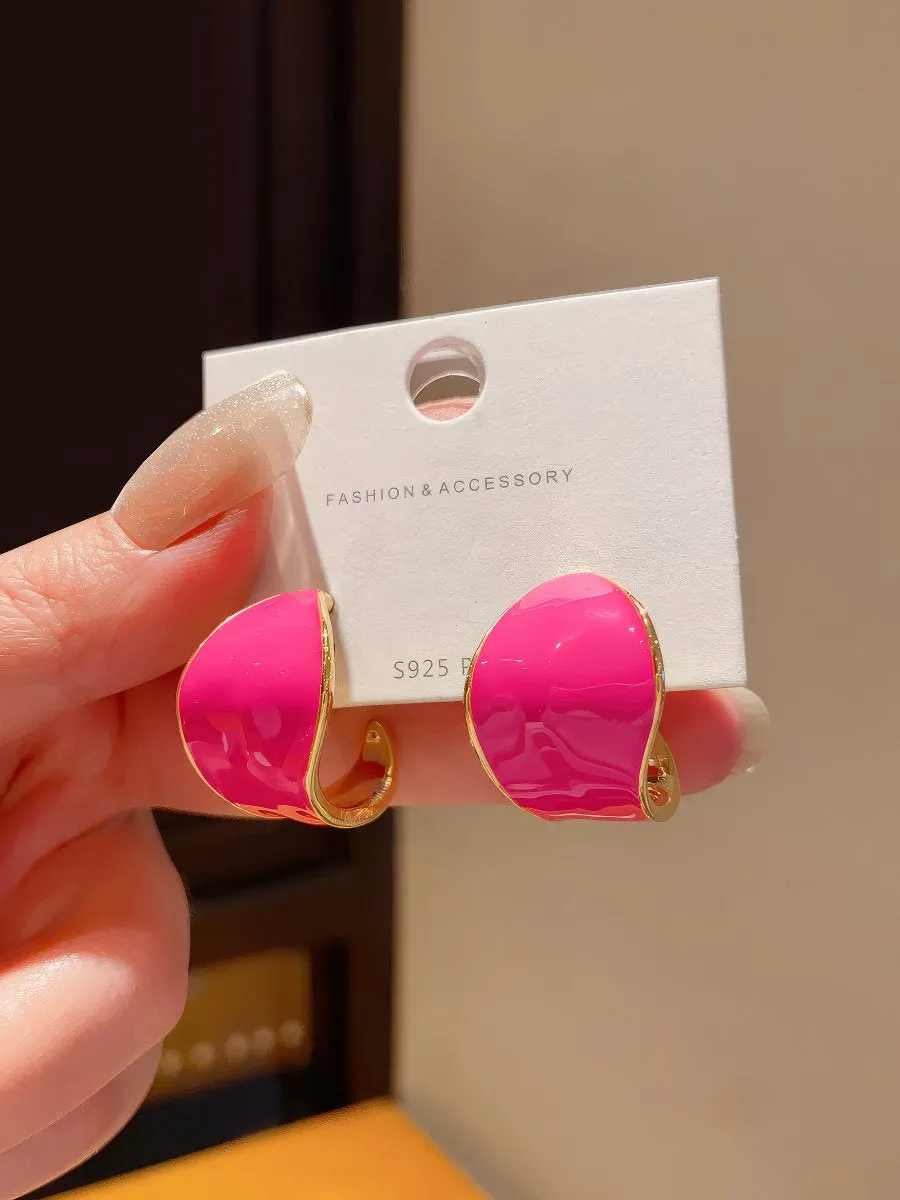 Adorable Small Hot Pink Enamel Hollowed Hoop Earrings