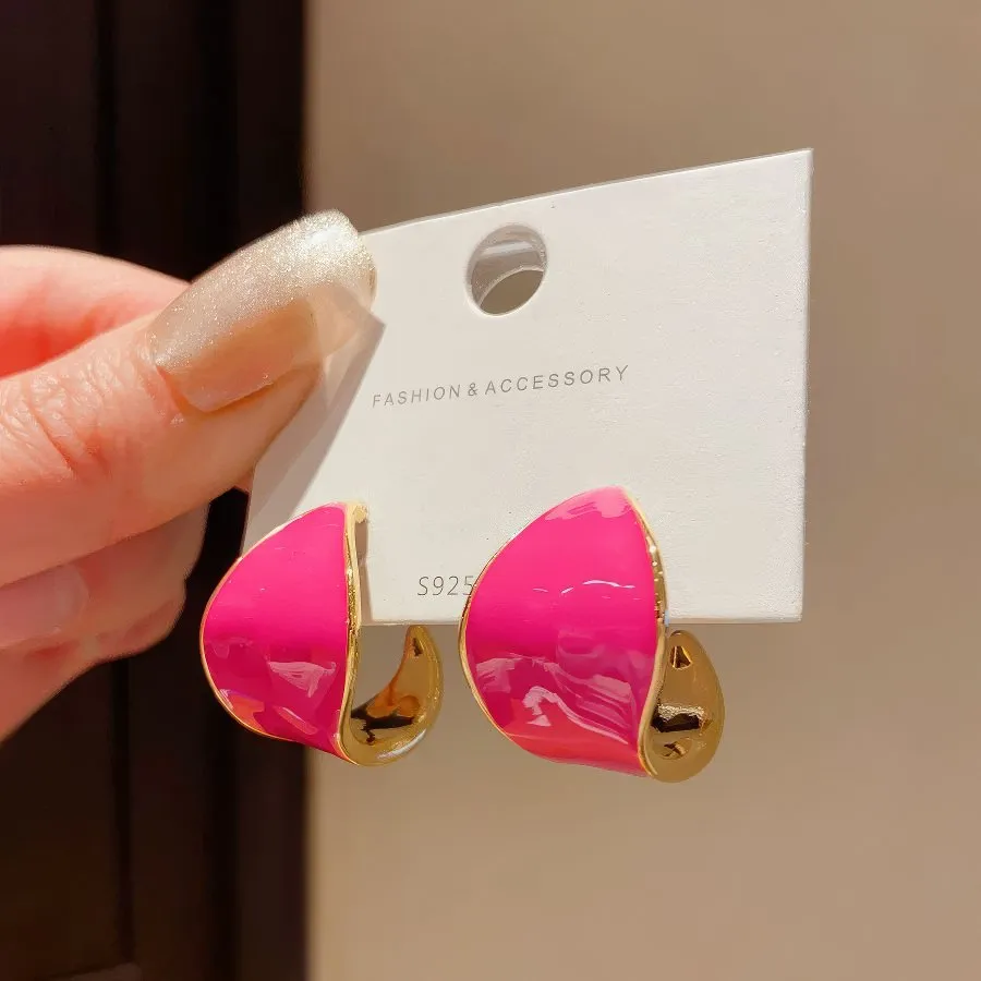 Adorable Small Hot Pink Enamel Hollowed Hoop Earrings