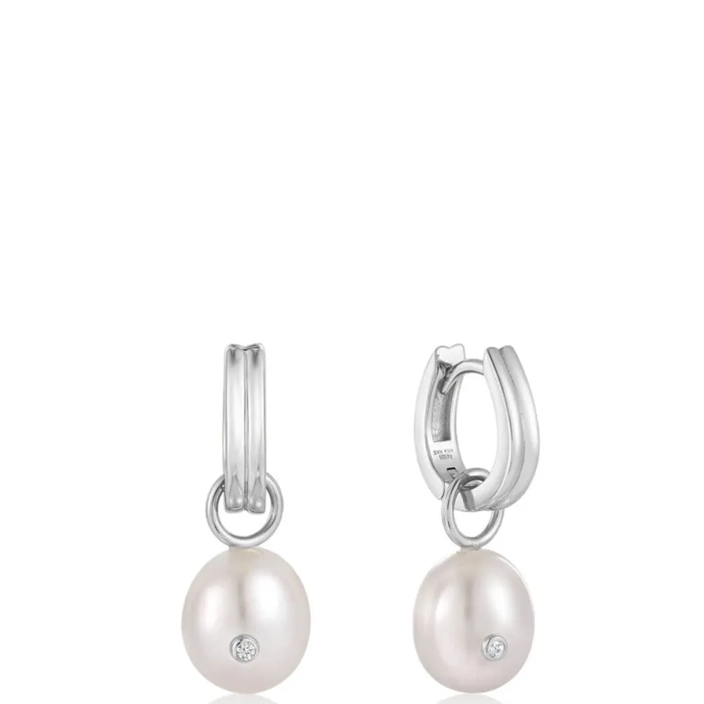 Ania Haie Pearl Drop Sparkle Silver Hoop Earrings