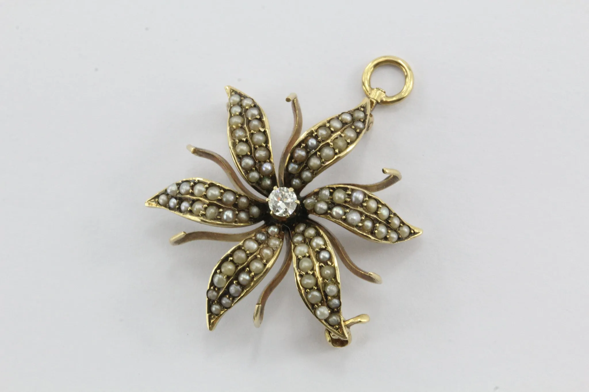 Antique 14K Gold Seed Pearl & Old European Diamond Flower Pendant