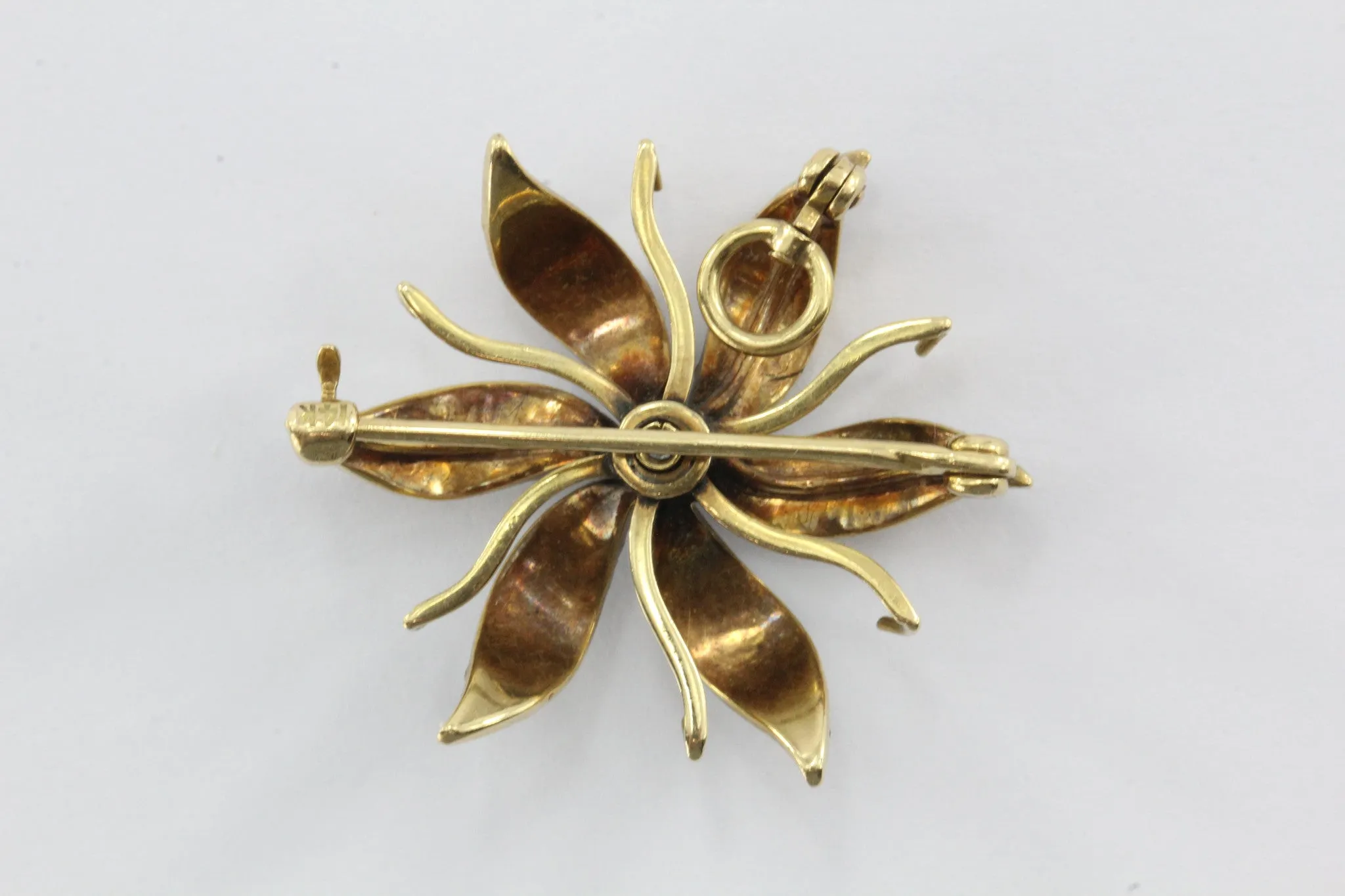 Antique 14K Gold Seed Pearl & Old European Diamond Flower Pendant