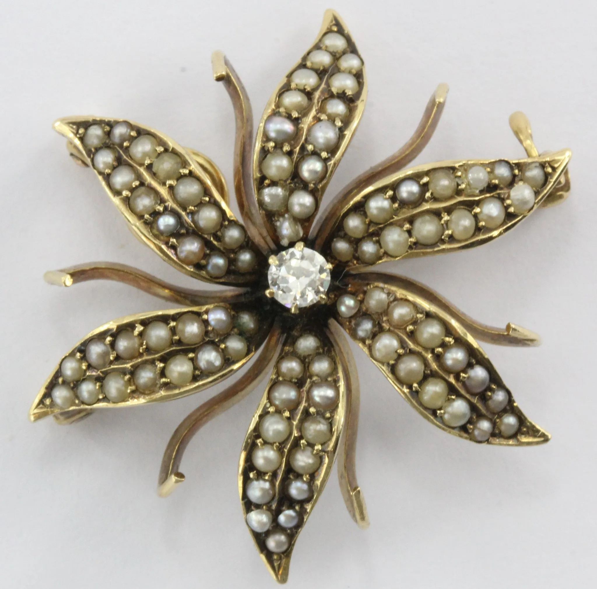 Antique 14K Gold Seed Pearl & Old European Diamond Flower Pendant