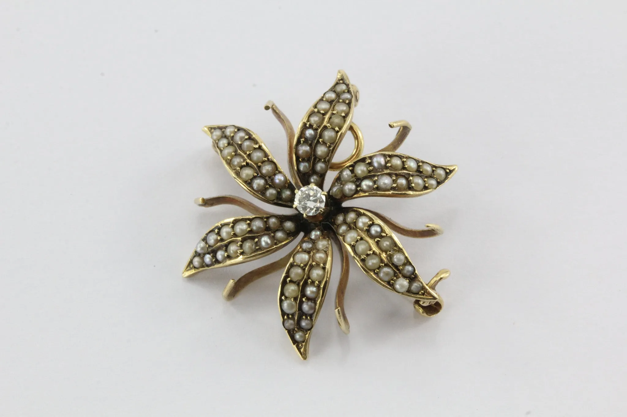 Antique 14K Gold Seed Pearl & Old European Diamond Flower Pendant