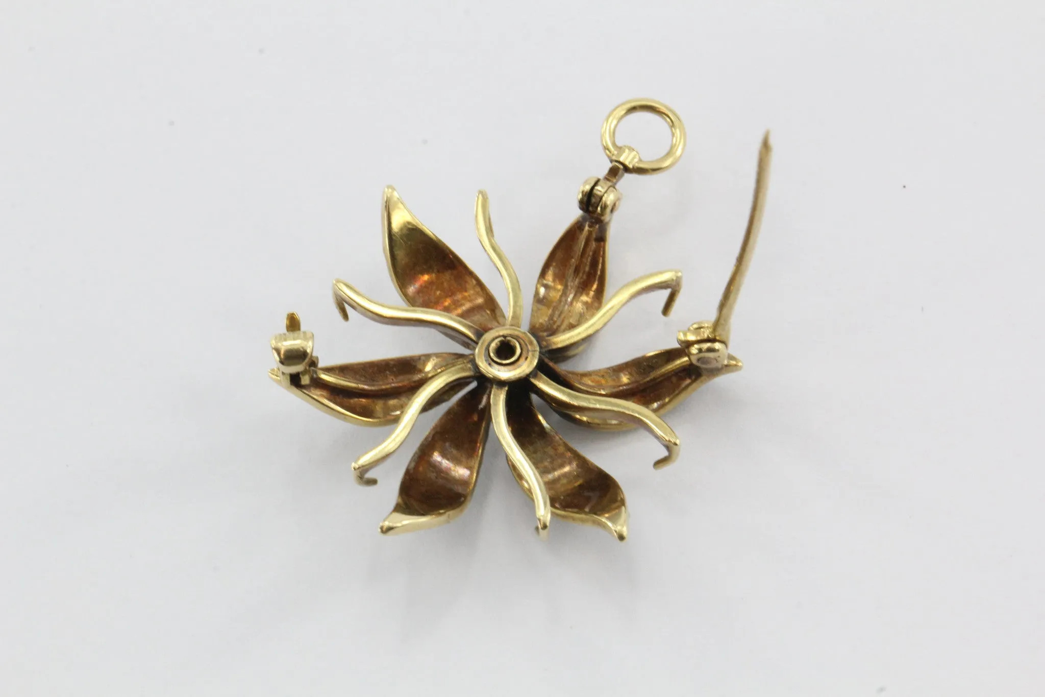 Antique 14K Gold Seed Pearl & Old European Diamond Flower Pendant