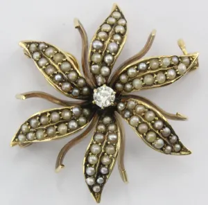 Antique 14K Gold Seed Pearl & Old European Diamond Flower Pendant