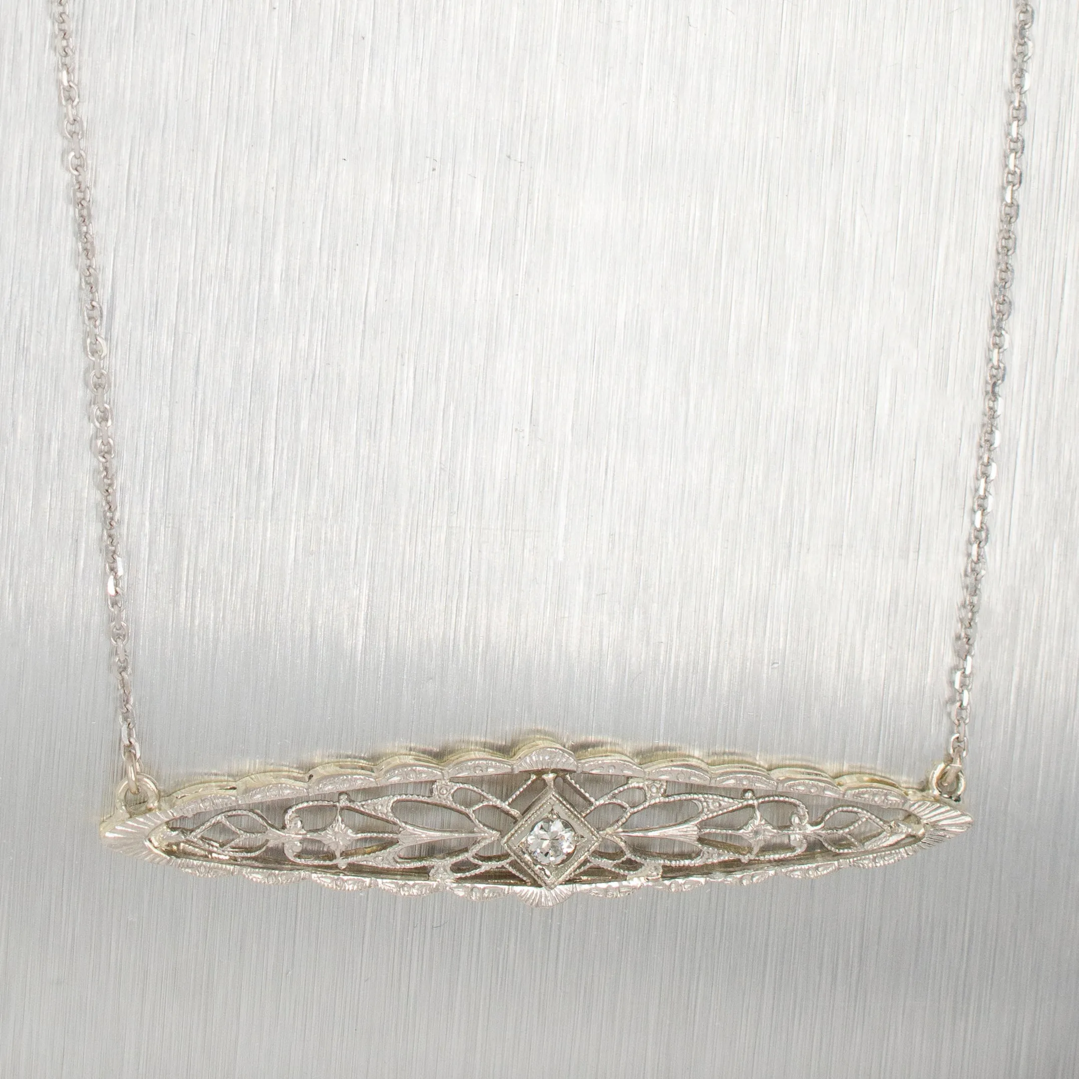 Antique Art Deco 0.07ct Diamond Conversion Pendant 18" Necklace - 14k White Gold