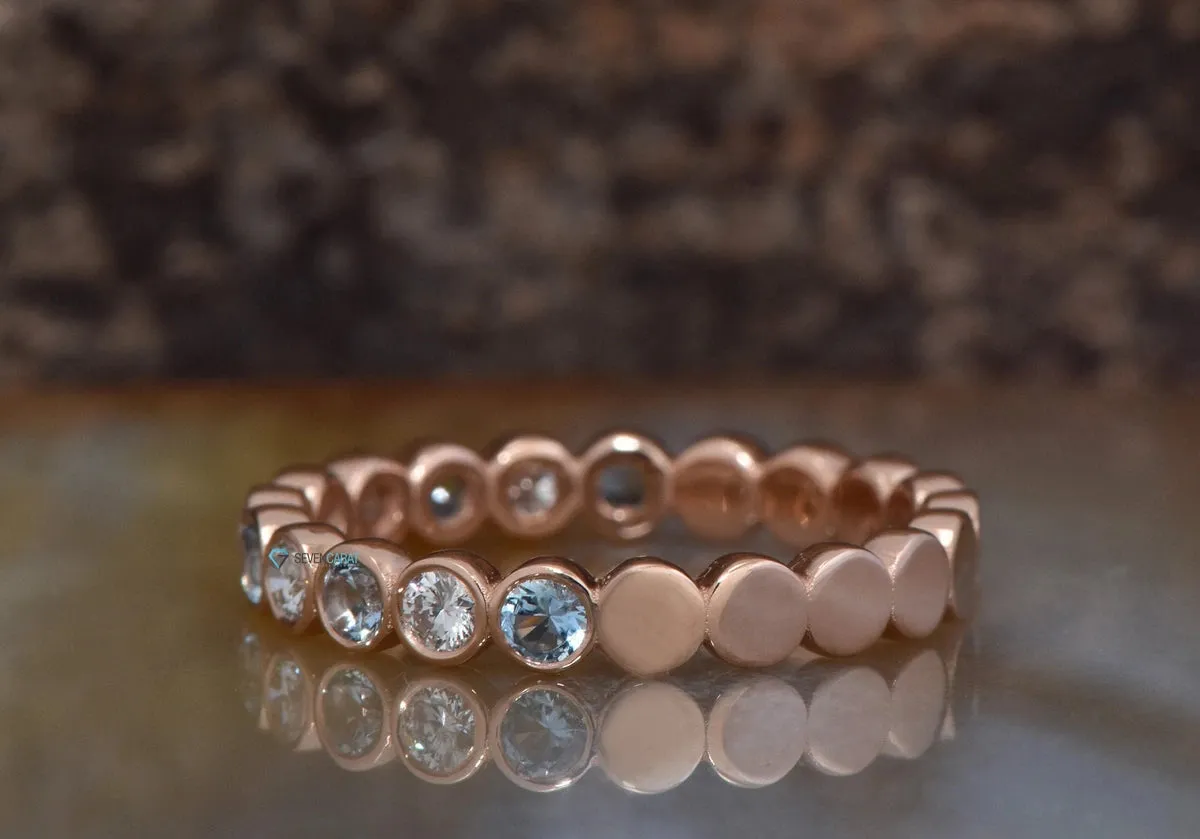 Aquamarine wedding band with diamond - Nesting band set rose gold