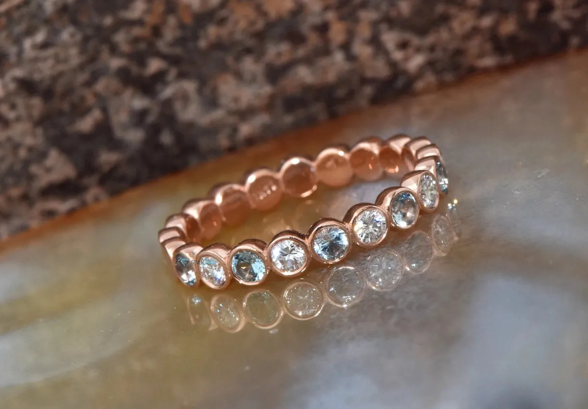Aquamarine wedding band with diamond - Nesting band set rose gold