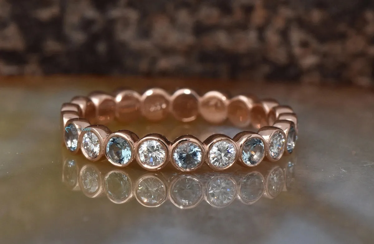 Aquamarine wedding band with diamond - Nesting band set rose gold