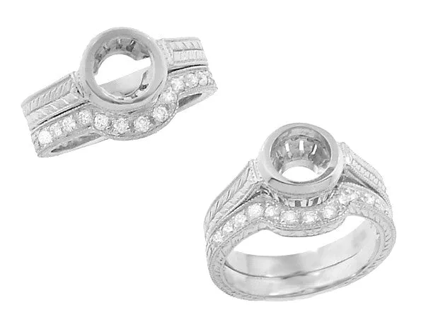 Art Deco Diamond Curved Engraved Wheat Wedding Ring in 18 Karat White Gold