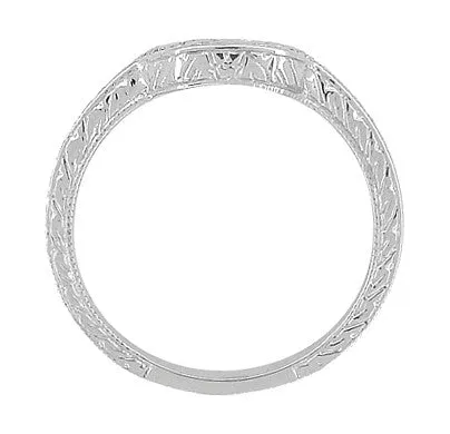Art Deco Diamond Curved Engraved Wheat Wedding Ring in 18 Karat White Gold