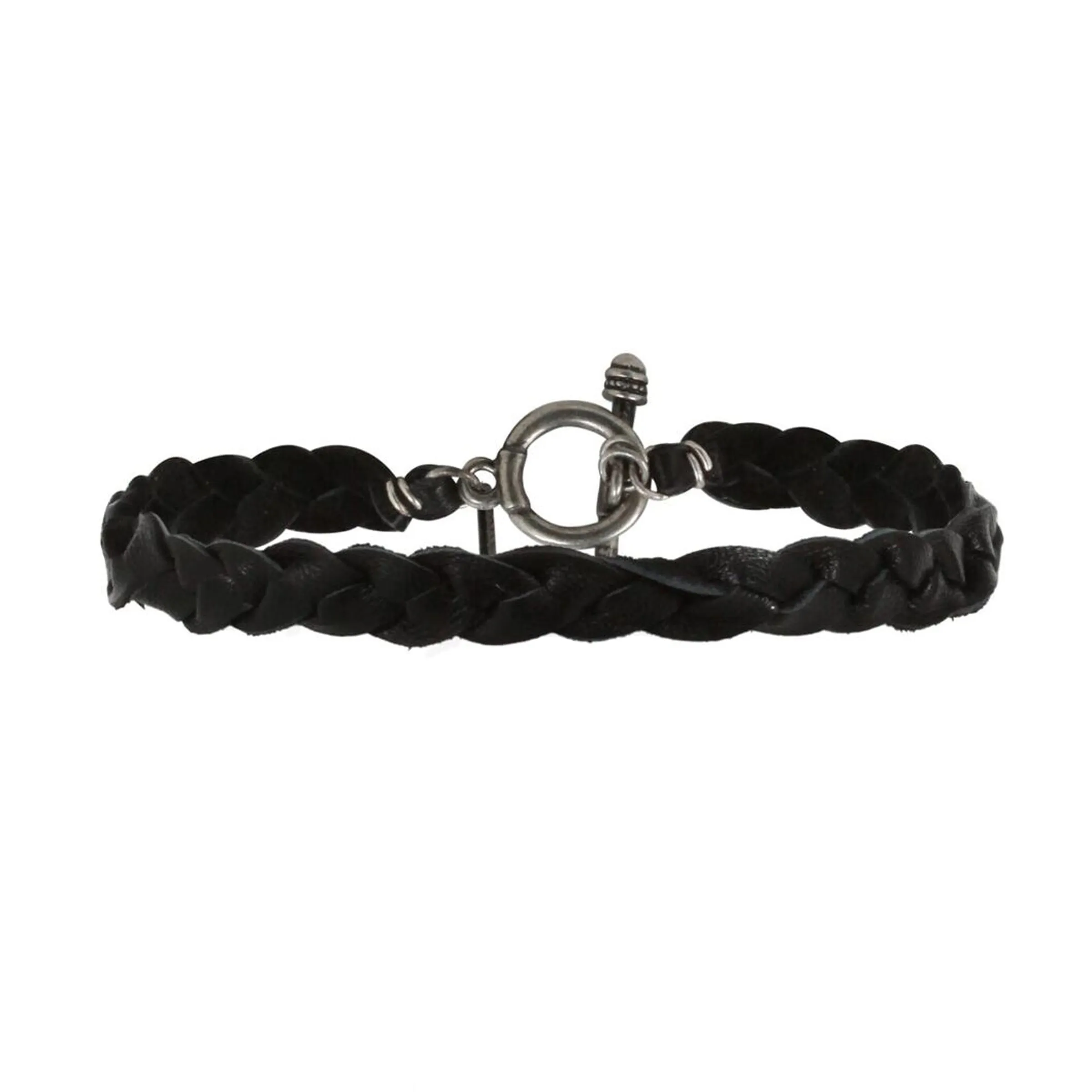 Black Braided Men's Deerskin Leather Bracelet with Silver Toggle