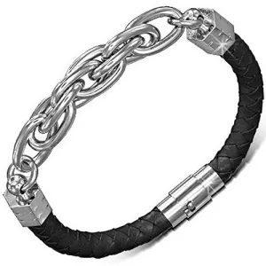 Black Genuine Leather Braided Silver-Tone Stainless Steel Wristband Mens Bracelet