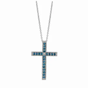 BLUE & WHITE DIAMOND CROSS NECKLACE 14K GOLD (0.33 CTW)