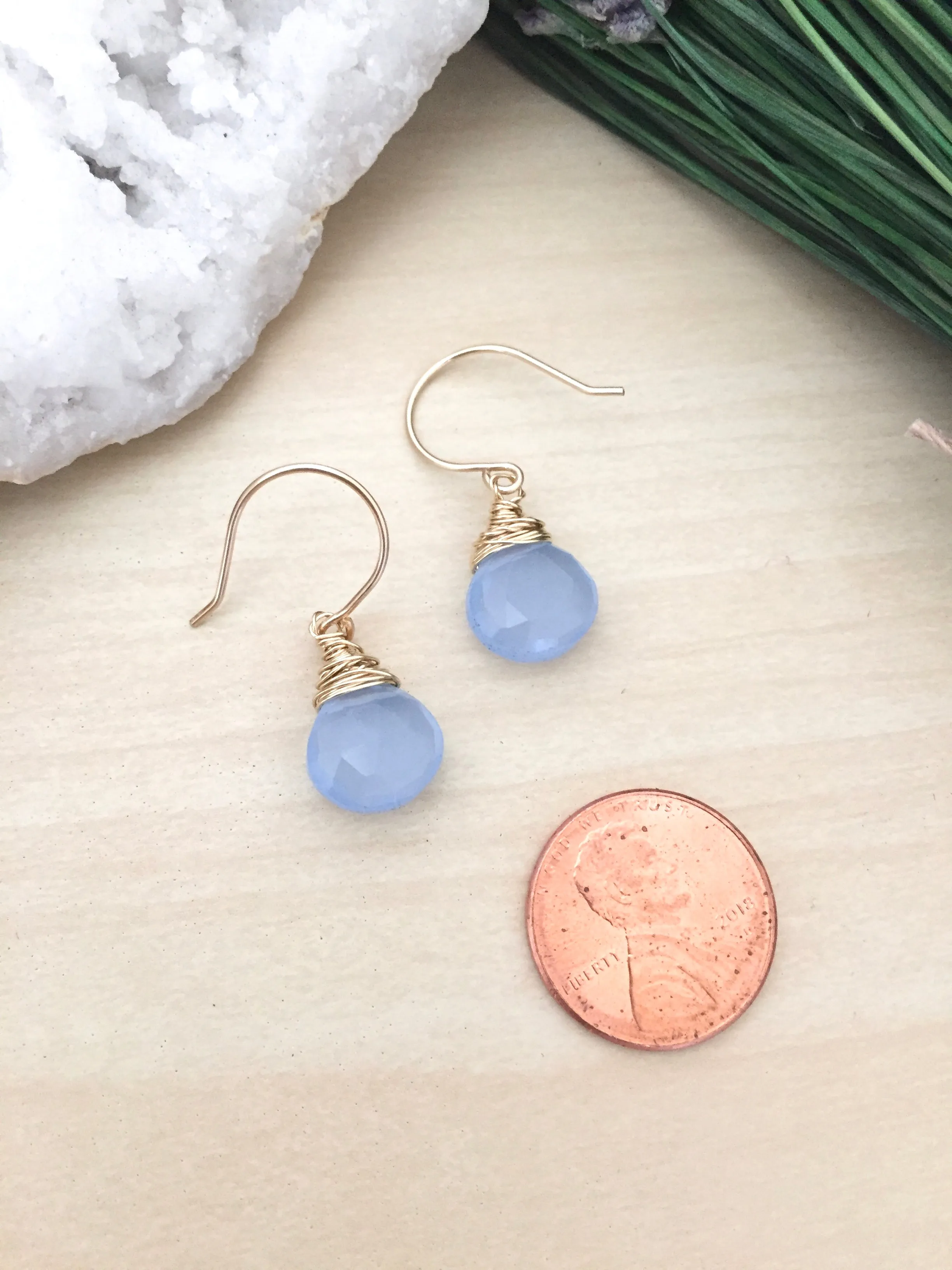 Blue Chalcedony Gemstone Drop Earrings - 14k Gold Fill