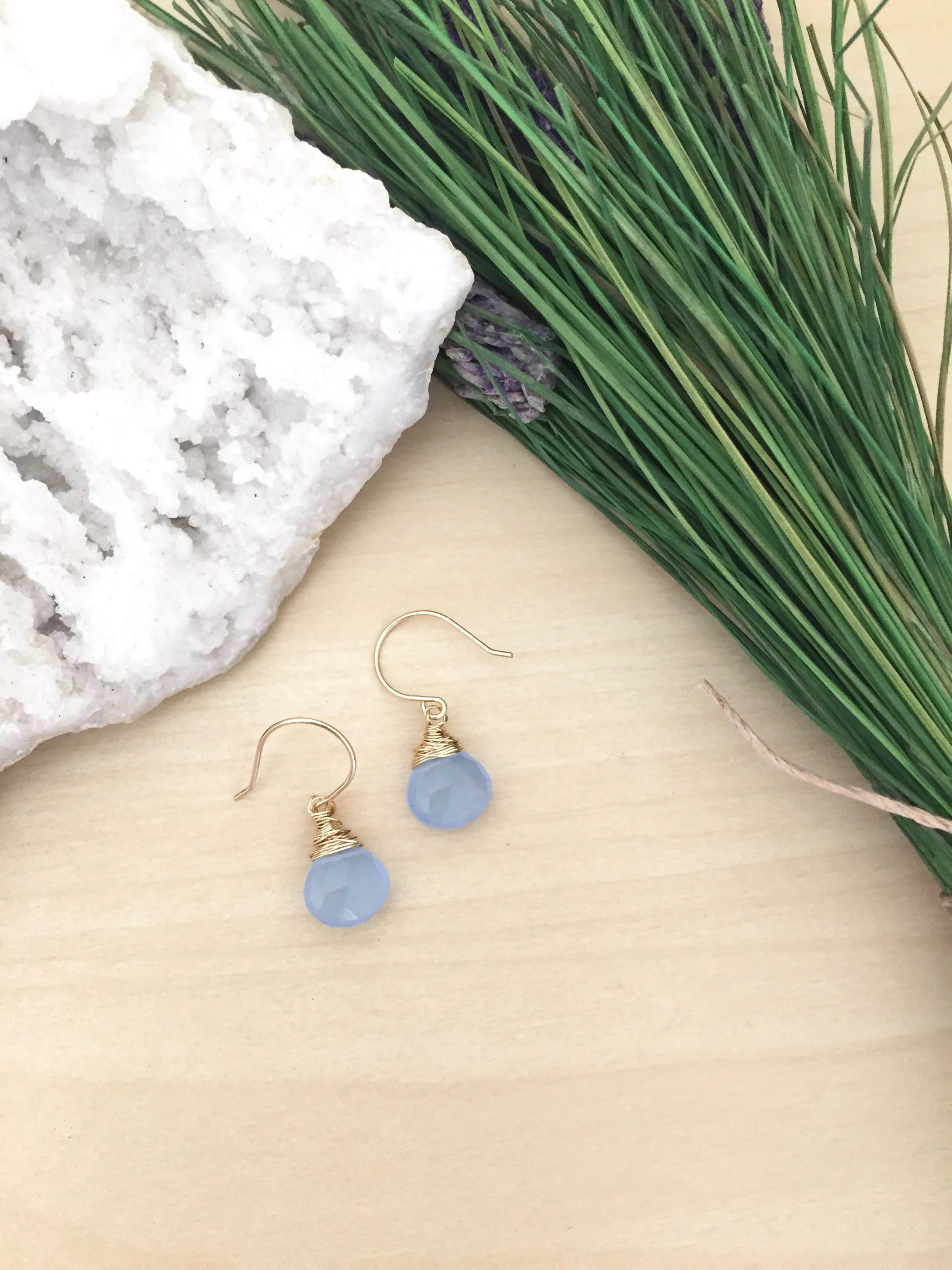 Blue Chalcedony Gemstone Drop Earrings - 14k Gold Fill