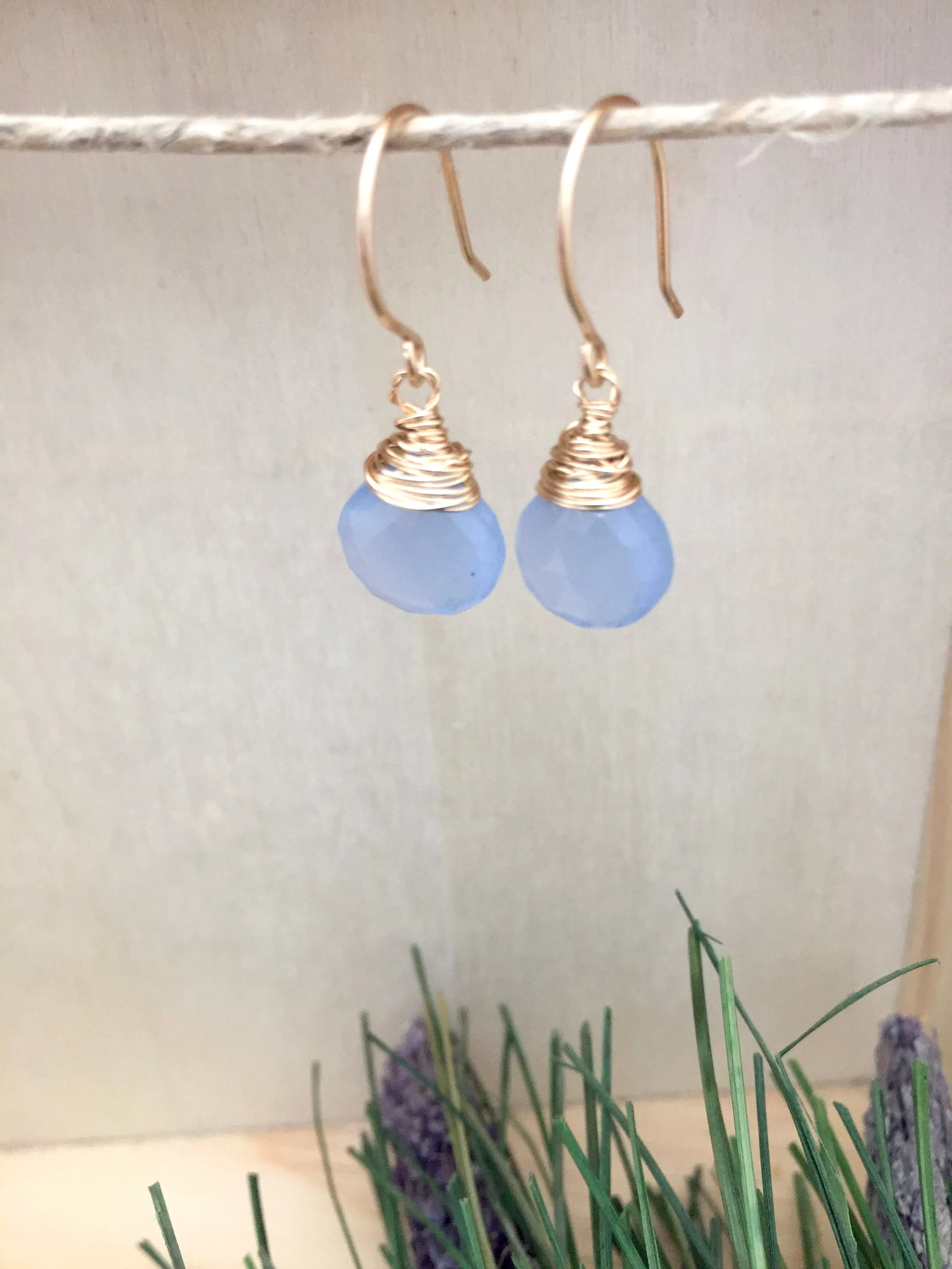 Blue Chalcedony Gemstone Drop Earrings - 14k Gold Fill