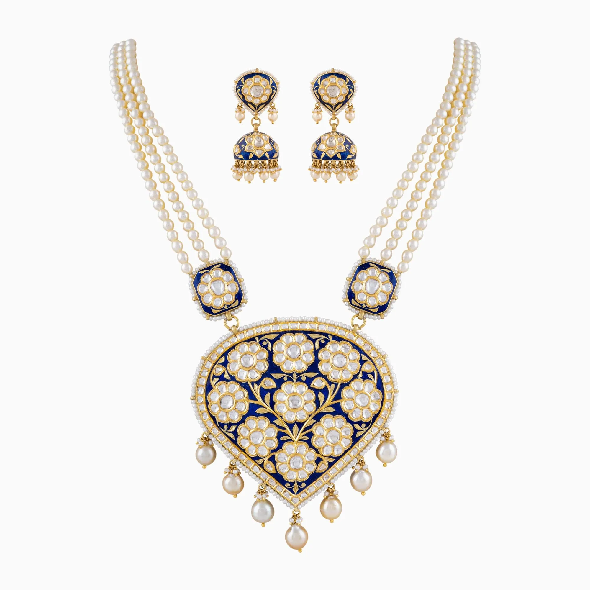 Blue Meena Pendant with Uncut Polki Diamond, S.S. Pearls and Japanese Pearls-KMNE2858