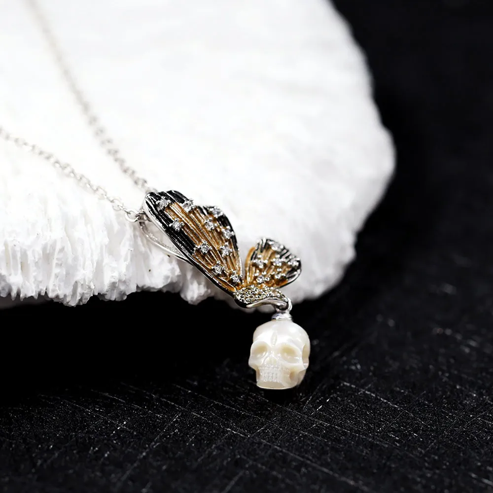 Butterfly Wing Pearl Skull Necklace