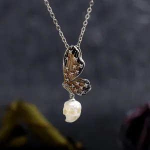 Butterfly Wing Pearl Skull Necklace