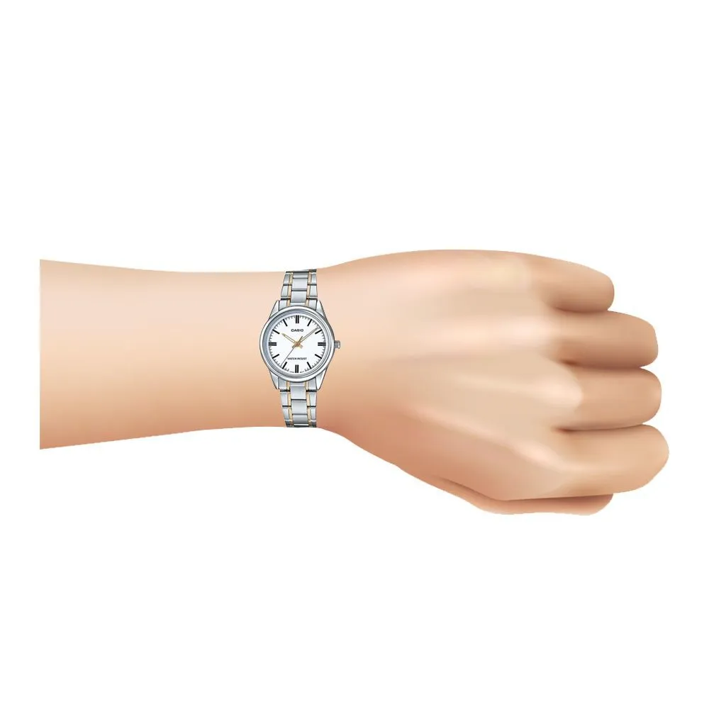 Casio Enticer Women's Two-Tone White Dial Watch, Stainless Steel Strap, LTP-V005SG-7AUDF