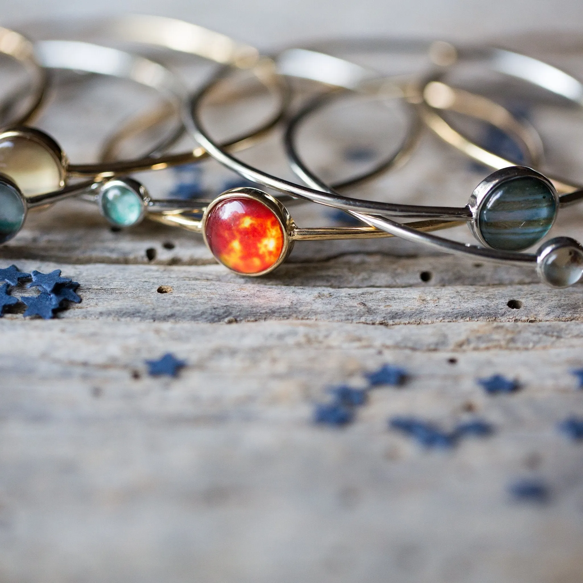 Celestial Stacking Bracelet Set - Solar System Planets & Sun - 10 Bangles - Rhodium Plated Brass & Glass - Handcrafted - Discounts Available