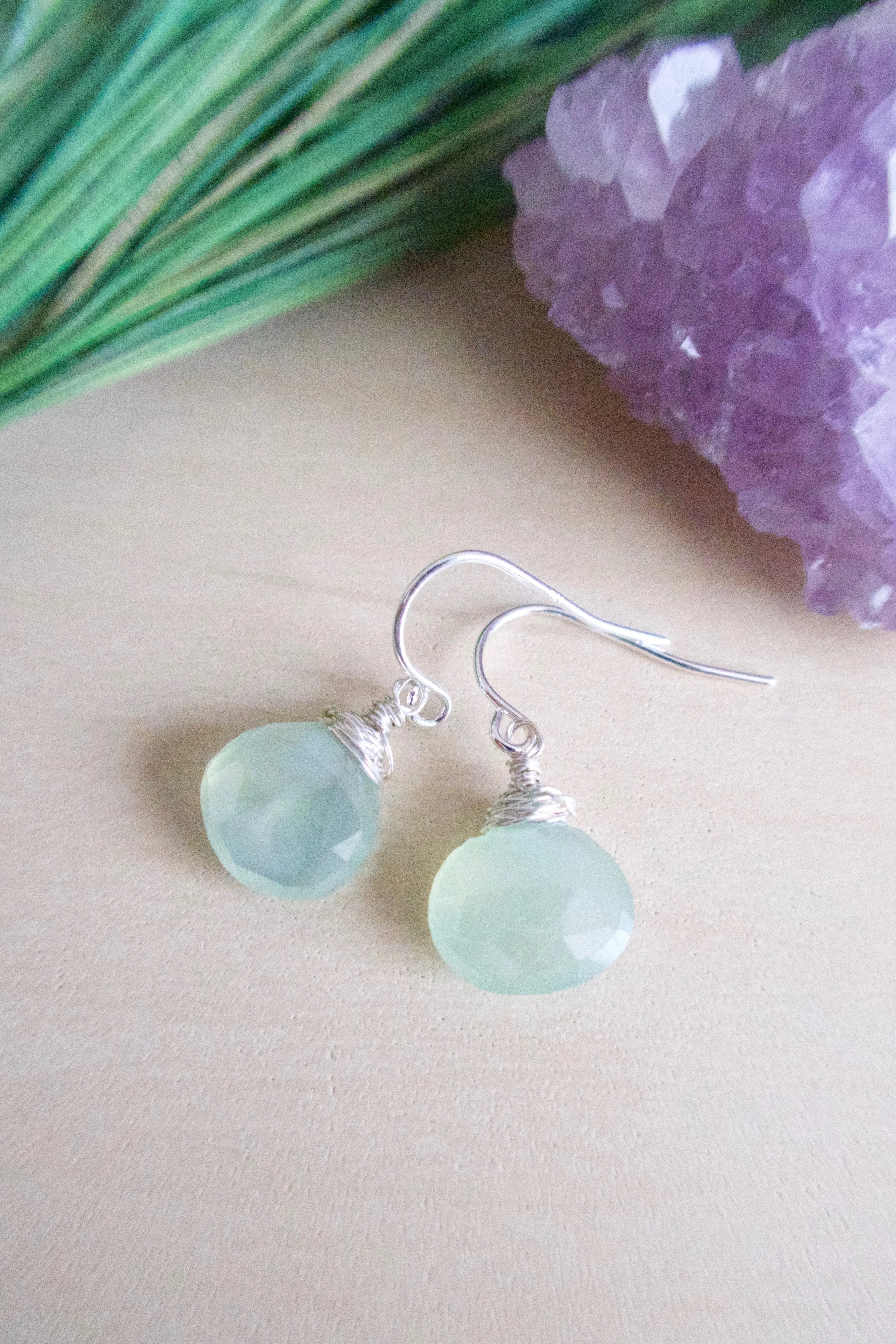Chalcedony Gemstone Drop Earrings - Sea Foam Green - Sterling Silver