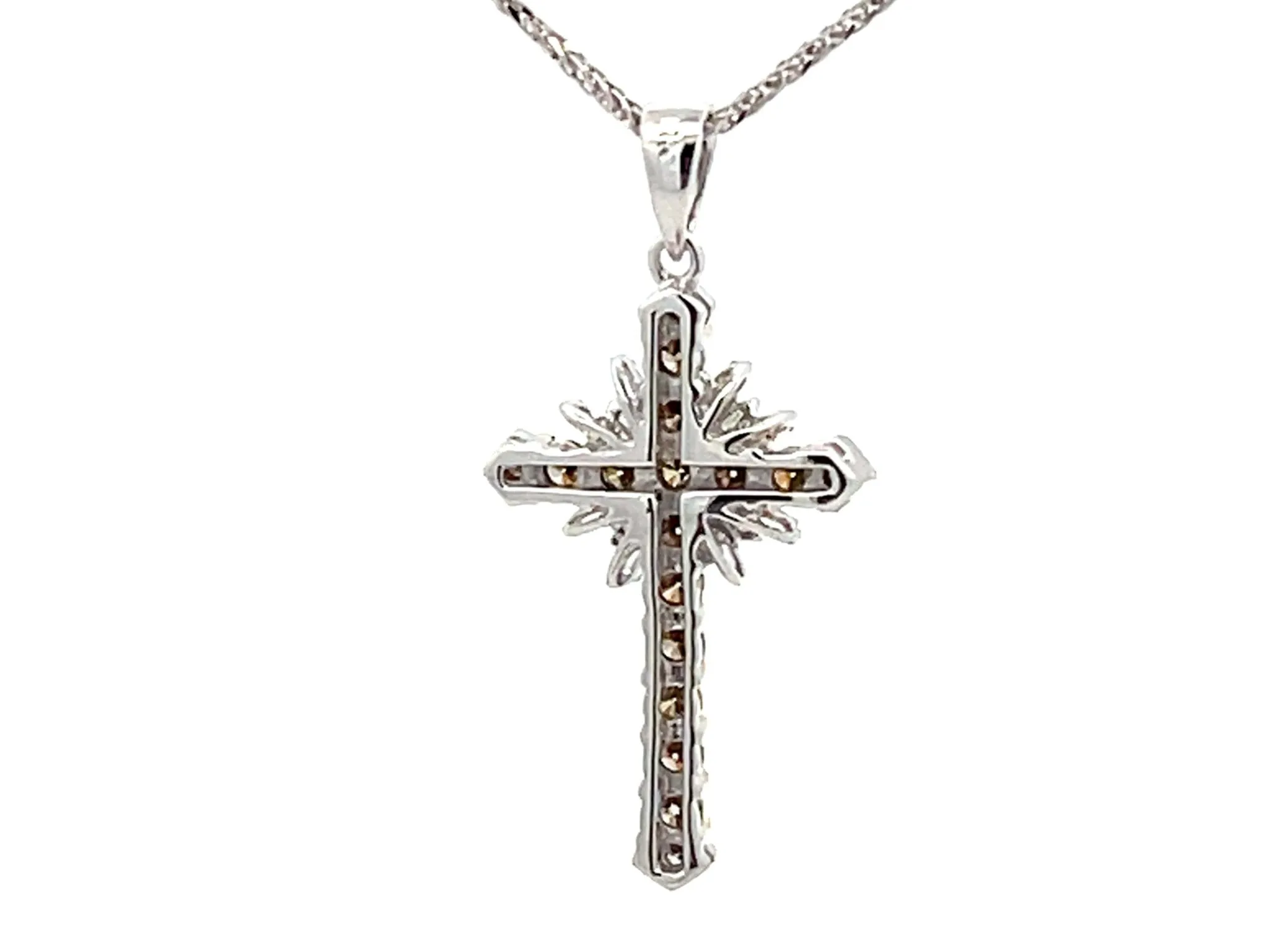 Champagne Diamond Cross Necklace 14k White Gold