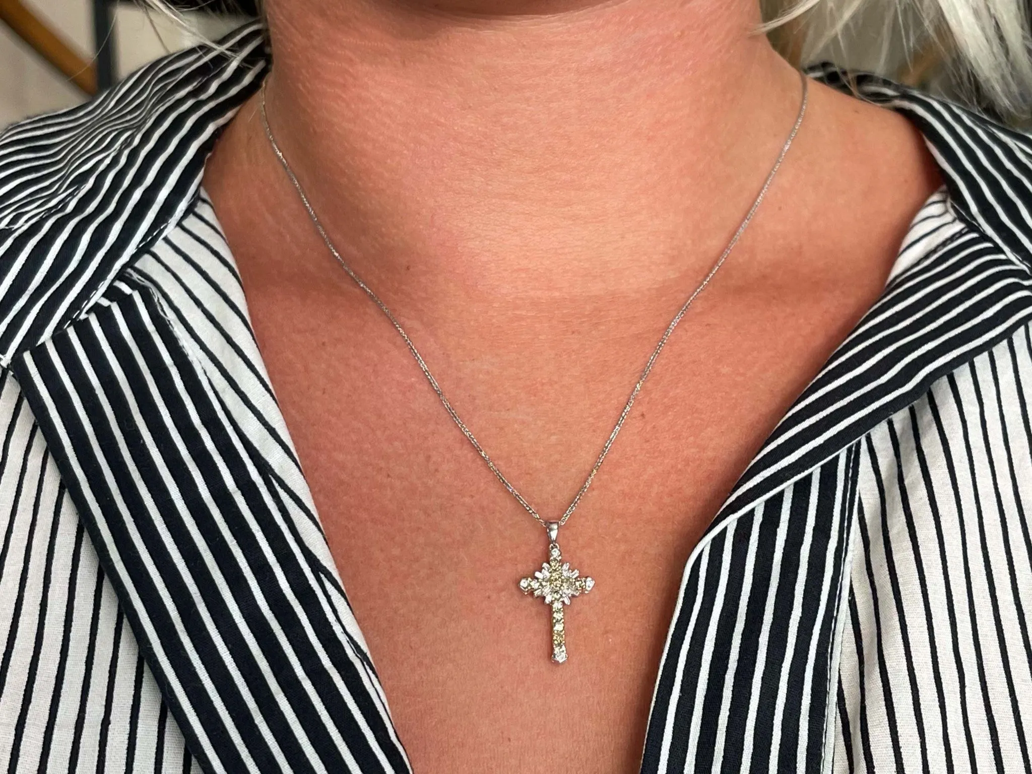 Champagne Diamond Cross Necklace 14k White Gold